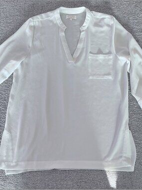 ☀️ Gorgeous Soft White Tunic Blouse Large Textured V-Neck 3/4 Sleeve